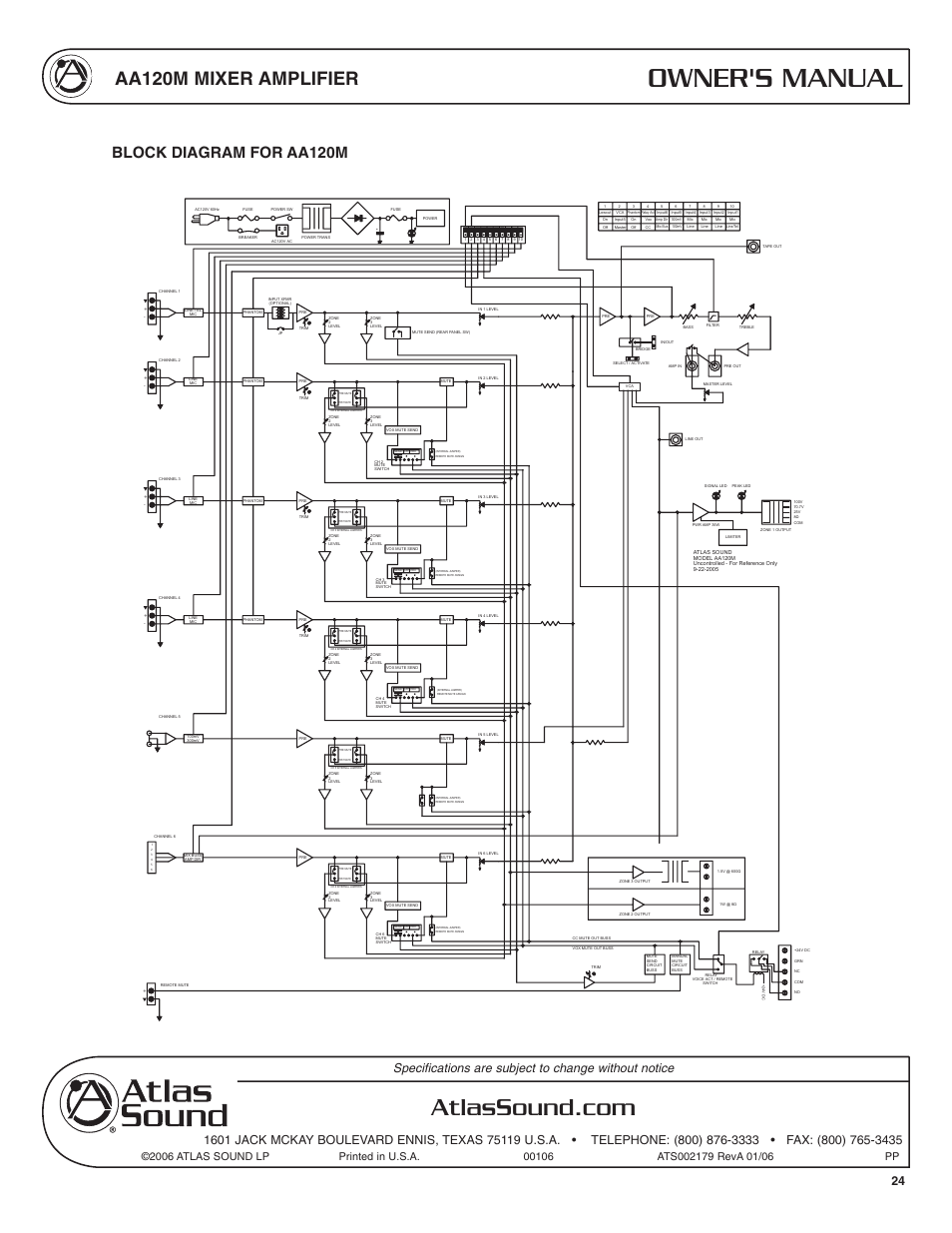 Owner's manual, Aa120m mixer amplifier, Block diagram for aa120m | Atlas Sound AA120M User Manual | Page 24 / 28