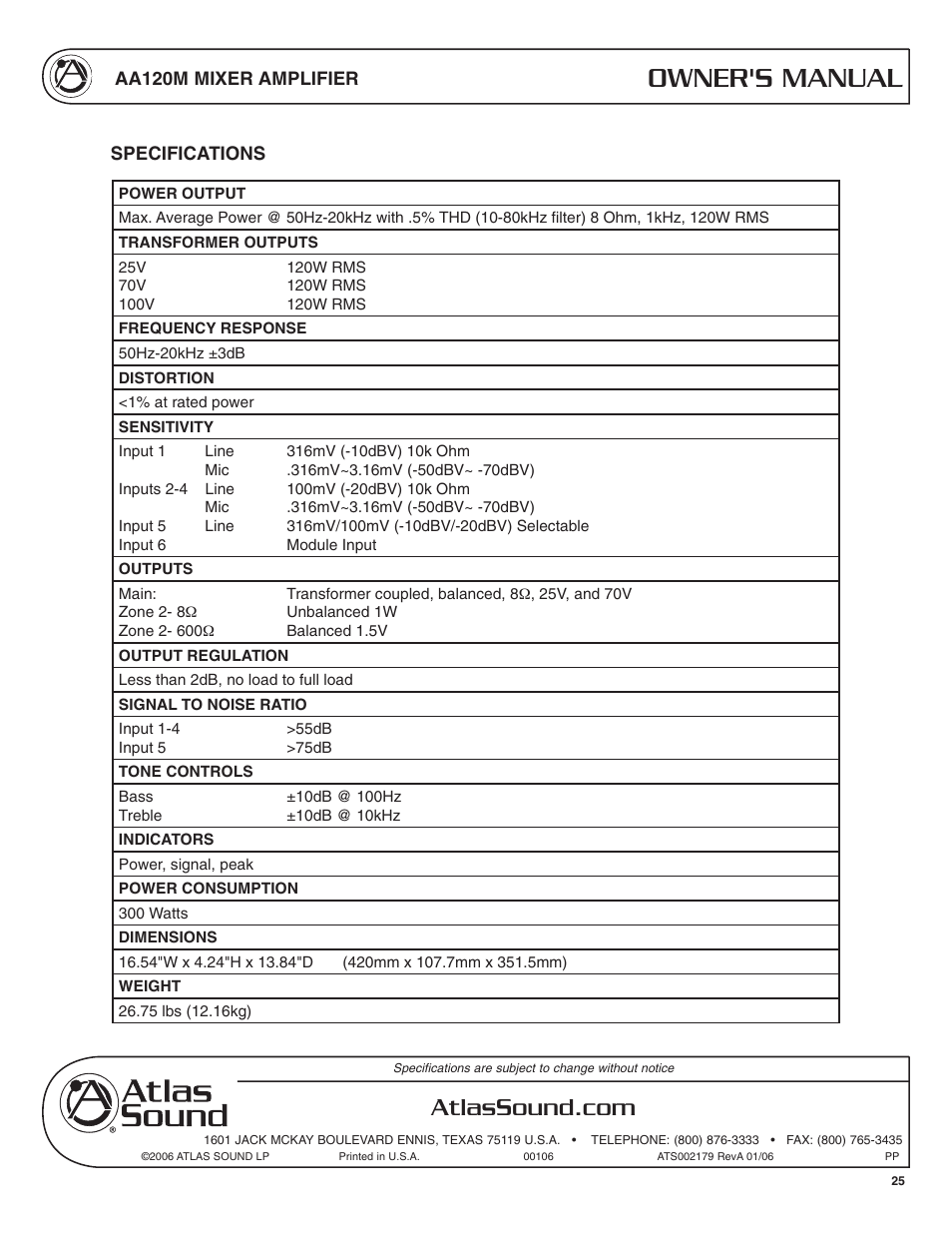 Owner's manual | Atlas Sound AA120M User Manual | Page 25 / 28