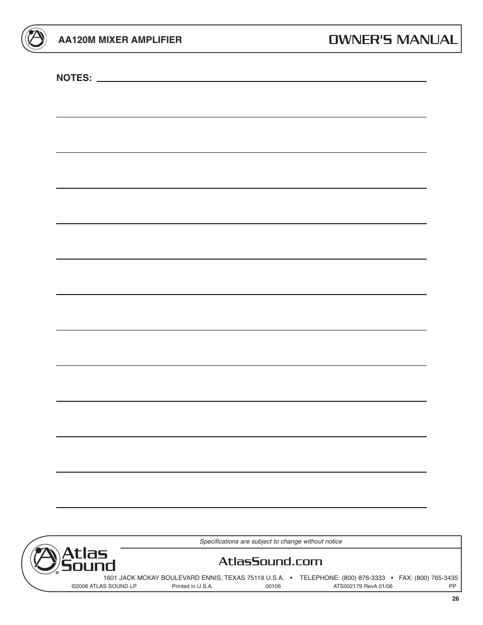 Owner's manual, Aa120m mixer amplifier | Atlas Sound AA120M User Manual | Page 26 / 28