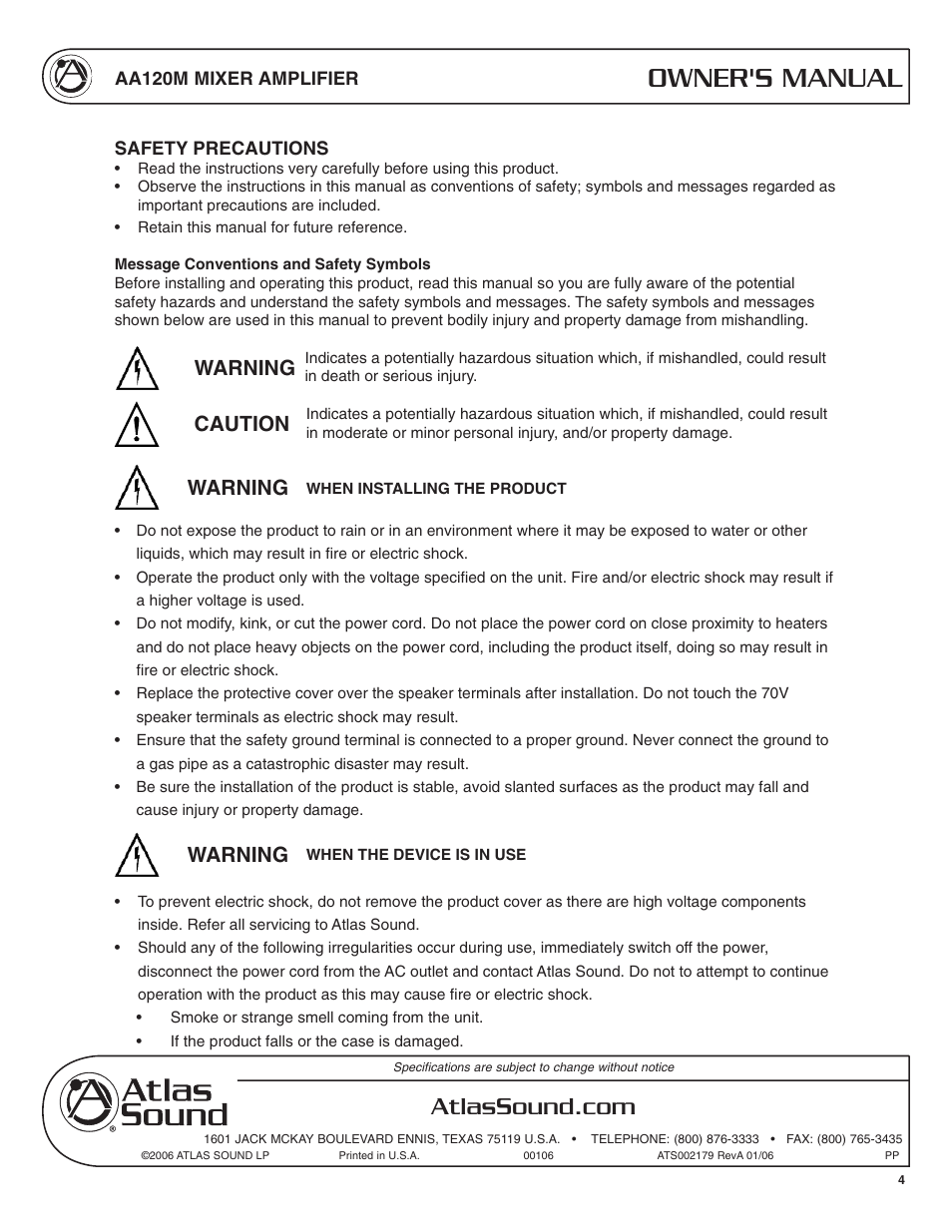 Owner's manual, Warning caution warning warning | Atlas Sound AA120M User Manual | Page 4 / 28