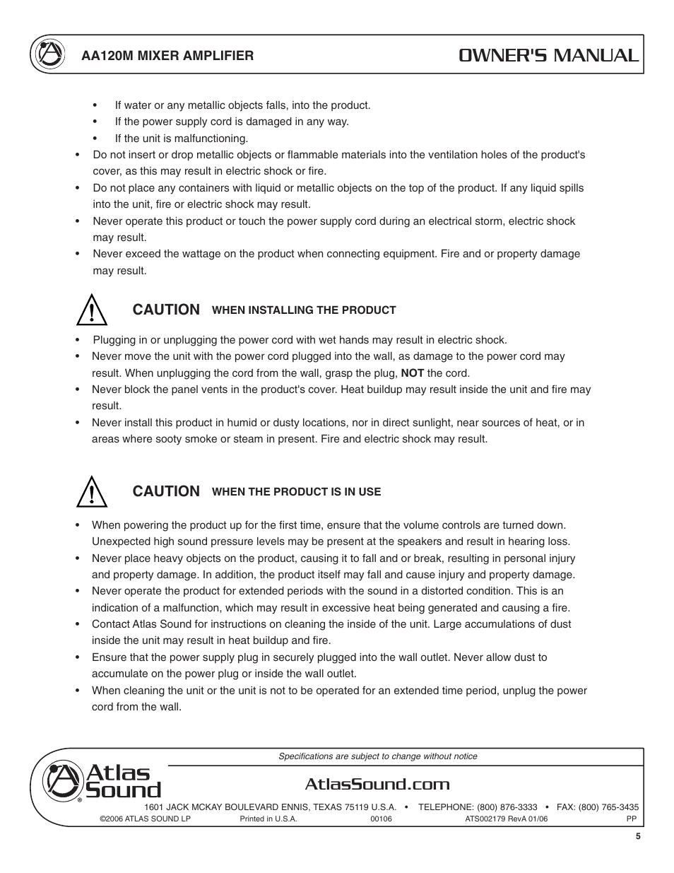 Owner's manual, Caution | Atlas Sound AA120M User Manual | Page 5 / 28