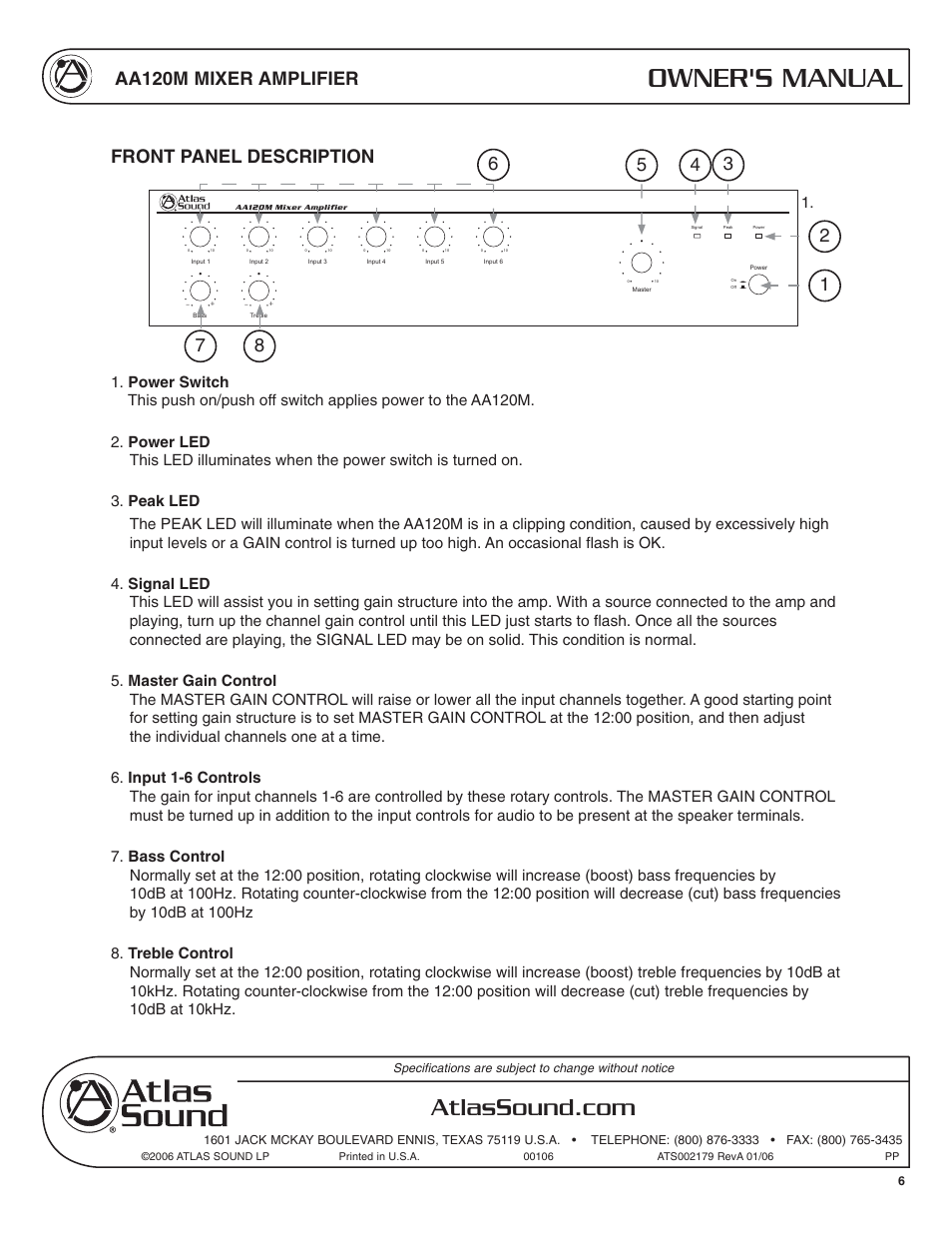 Owner's manual, Aa120m mixer amplifier, Front panel description | Atlas Sound AA120M User Manual | Page 6 / 28
