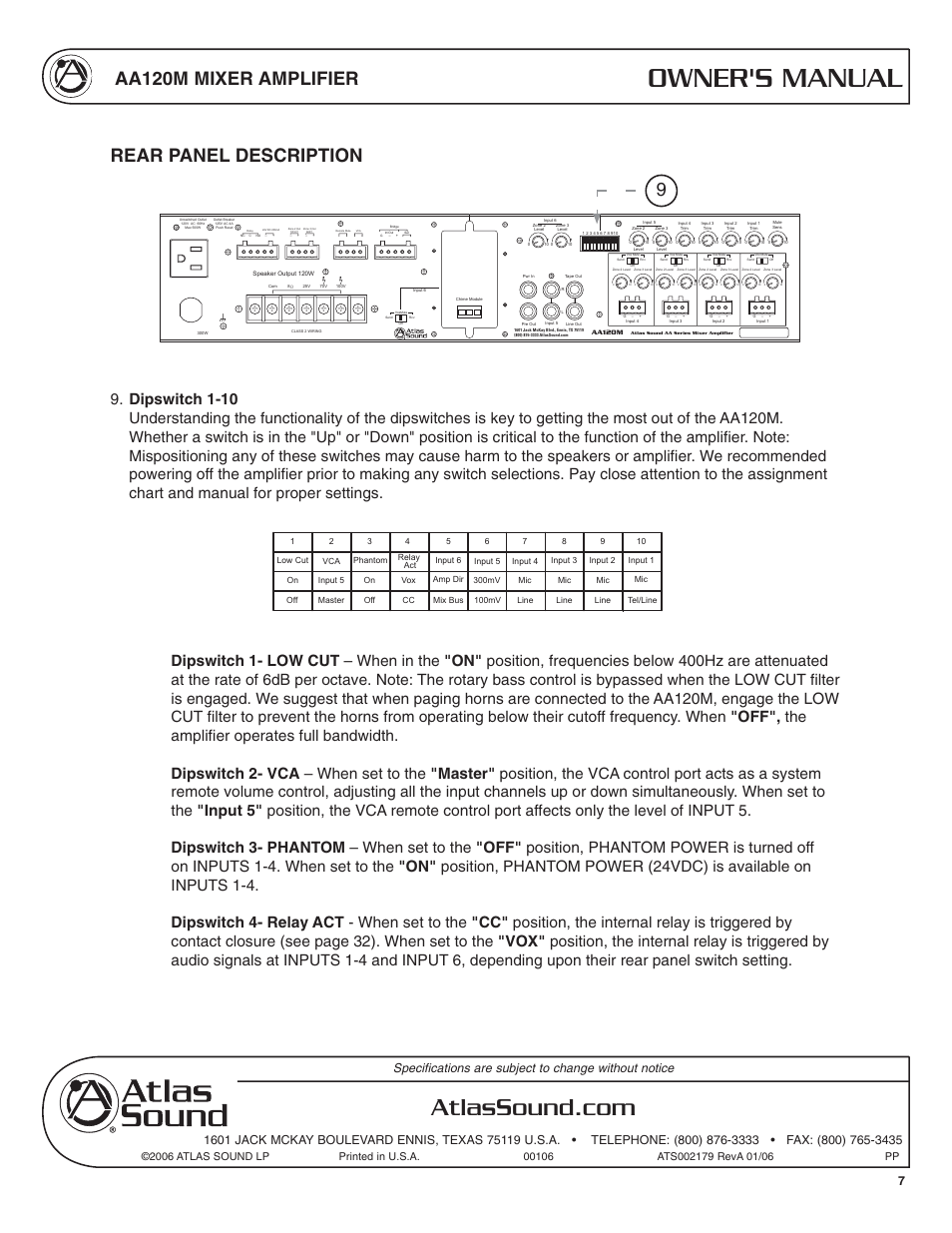 Owner's manual, Aa120m mixer amplifier, Rear panel description | Atlas Sound AA120M User Manual | Page 7 / 28