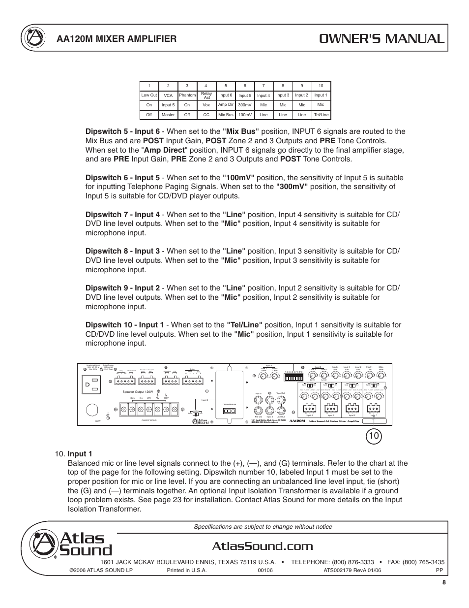 Owner's manual, Aa120m mixer amplifier | Atlas Sound AA120M User Manual | Page 8 / 28