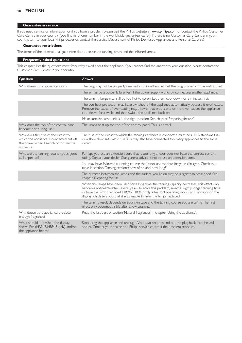 Guarantee & service, Guarantee restrictions, Frequently asked questions | Philips Innergize Wellness-Solarium User Manual | Page 10 / 92