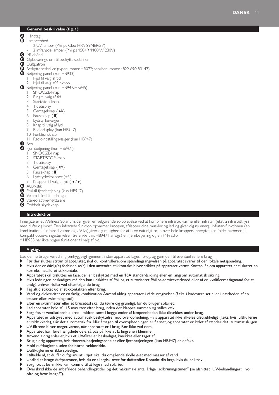 Dansk, Generel beskrivelse (fig. 1), Introduktion | Vigtigt | Philips Innergize Wellness-Solarium User Manual | Page 11 / 92