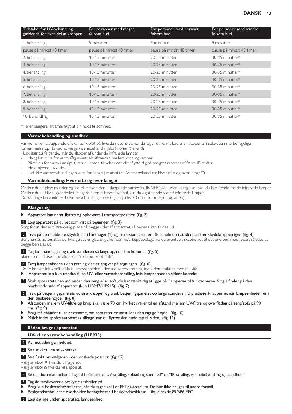 Varmebehandling og sundhed, Varmebehandling: hvor ofte og hvor længe, Klargøring | Sådan bruges apparatet, Uv- eller varmebehandling (hb933) | Philips Innergize Wellness-Solarium User Manual | Page 13 / 92