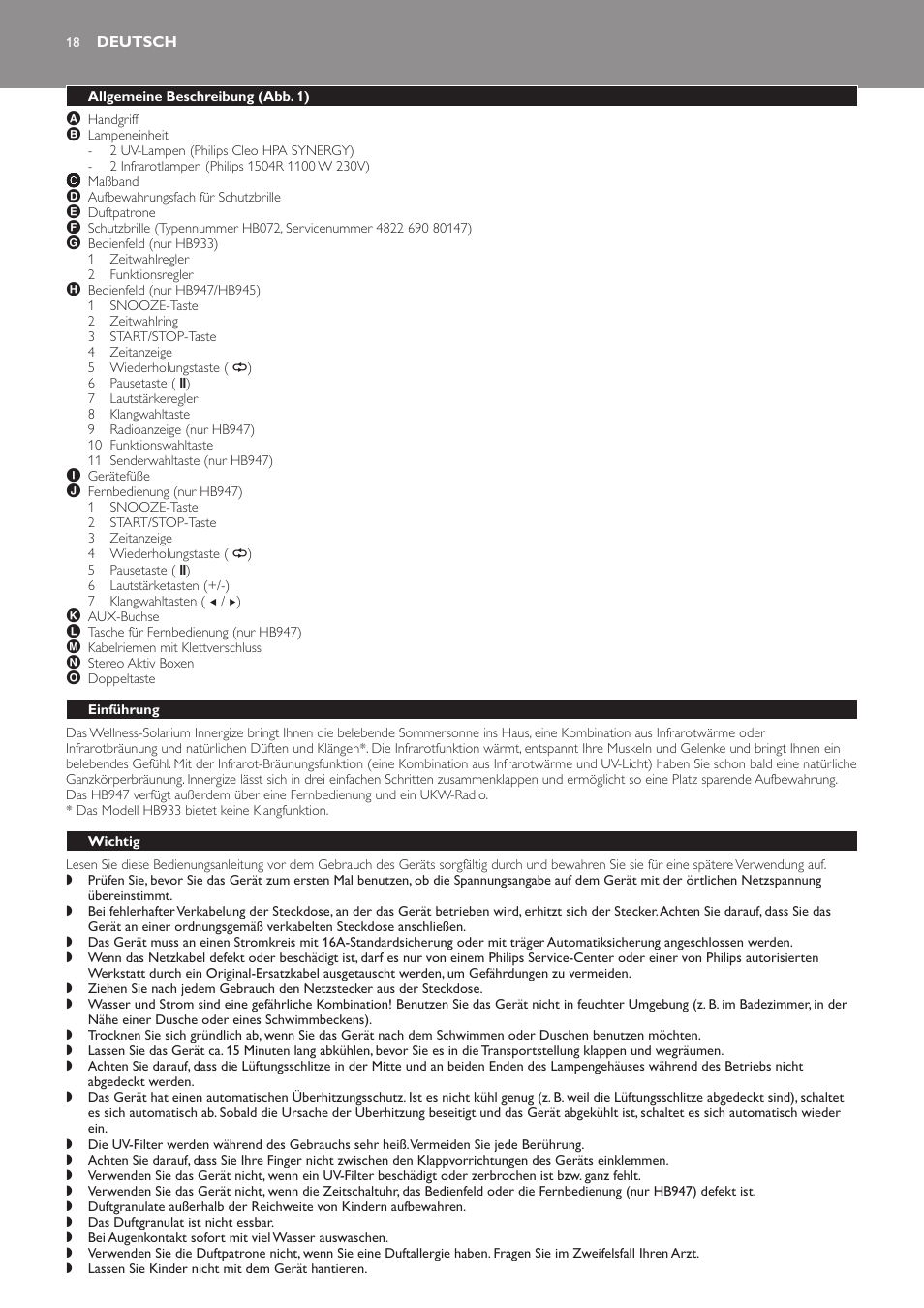 Deutsch, Allgemeine beschreibung (abb. 1), Einführung | Wichtig | Philips Innergize Wellness-Solarium User Manual | Page 18 / 92