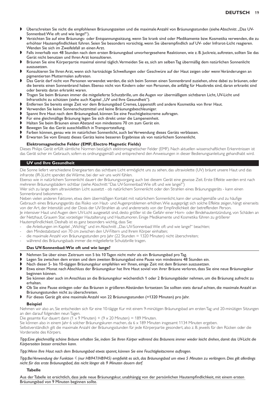 Uv und ihre gesundheit, Das uv-sonnenbad: wie oft und wie lange, Beispiel | Tabelle | Philips Innergize Wellness-Solarium User Manual | Page 19 / 92