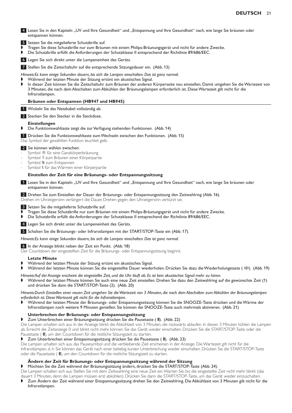 Bräunen oder entspannen (hb947 und hb945), Einstellungen, Letzte minute | Fernbedienung (nur hb947) | Philips Innergize Wellness-Solarium User Manual | Page 21 / 92