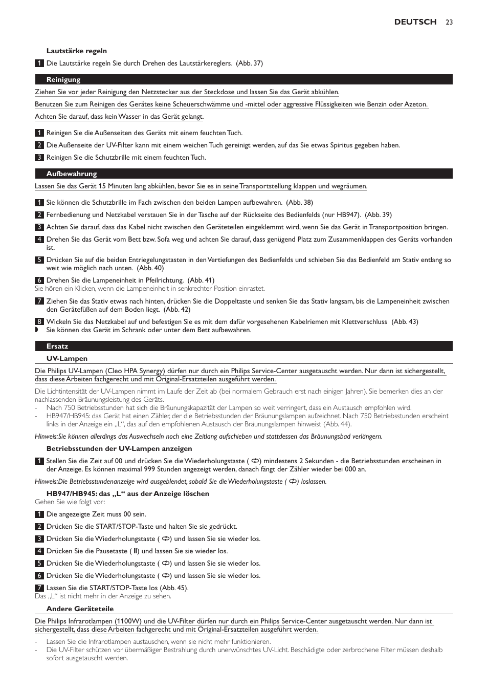 Reinigung, Aufbewahrung, Ersatz | Uv-lampen, Betriebsstunden der uv-lampen anzeigen, Hb947/hb945: das „l“ aus der anzeige löschen, Andere geräteteile | Philips Innergize Wellness-Solarium User Manual | Page 23 / 92