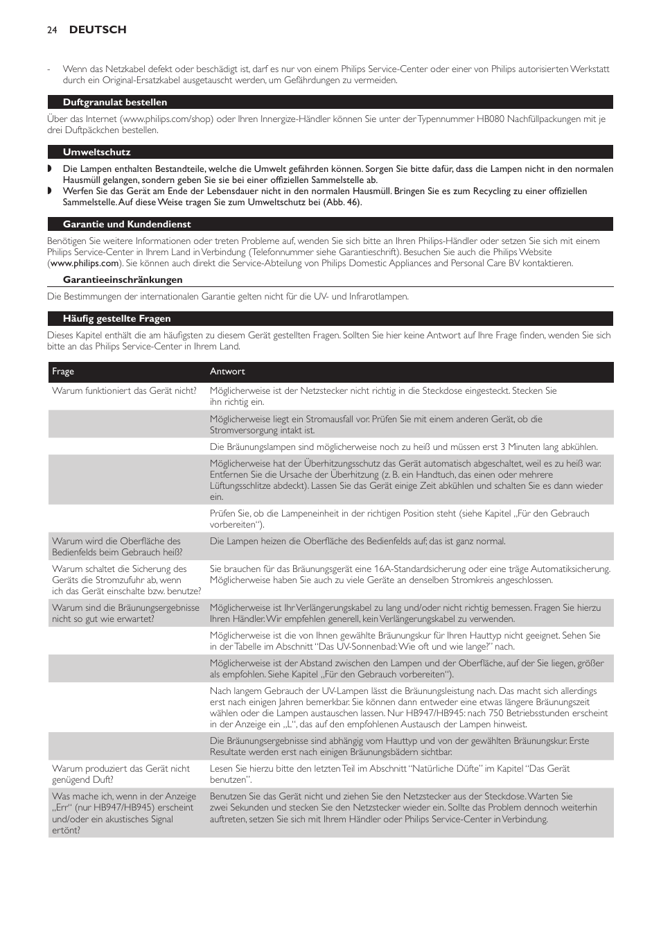 Duftgranulat bestellen, Umweltschutz, Garantie und kundendienst | Garantieeinschränkungen, Häufig gestellte fragen | Philips Innergize Wellness-Solarium User Manual | Page 24 / 92