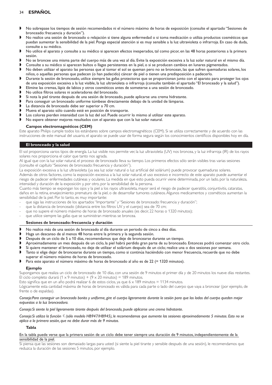 Campos electromagnéticos (cem), El bronceado y la salud, Sesiones de bronceado: frecuencia y duración | Ejemplo, Tabla | Philips Innergize Wellness-Solarium User Manual | Page 34 / 92