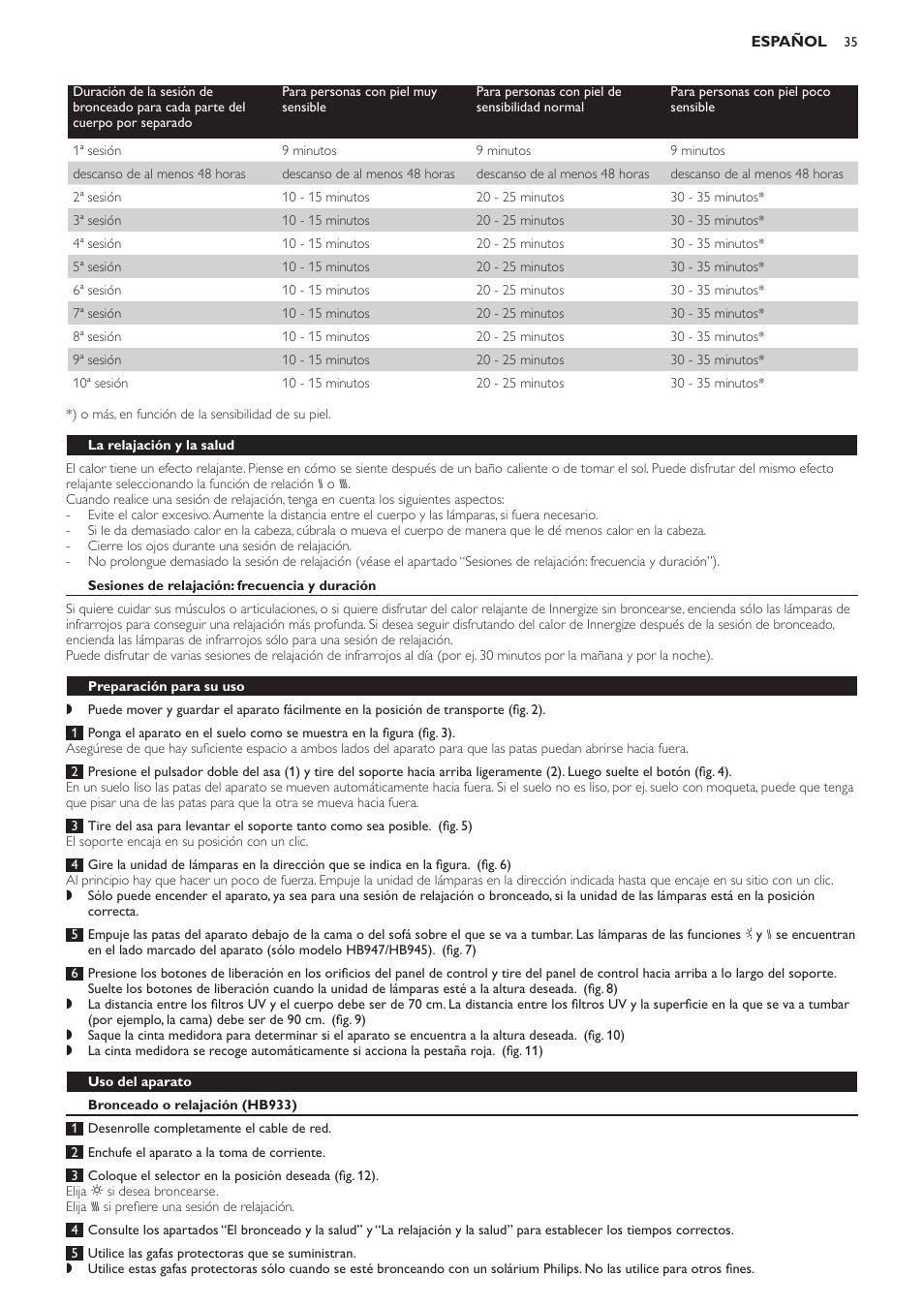 La relajación y la salud, Sesiones de relajación: frecuencia y duración, Preparación para su uso | Uso del aparato, Bronceado o relajación (hb933) | Philips Innergize Wellness-Solarium User Manual | Page 35 / 92
