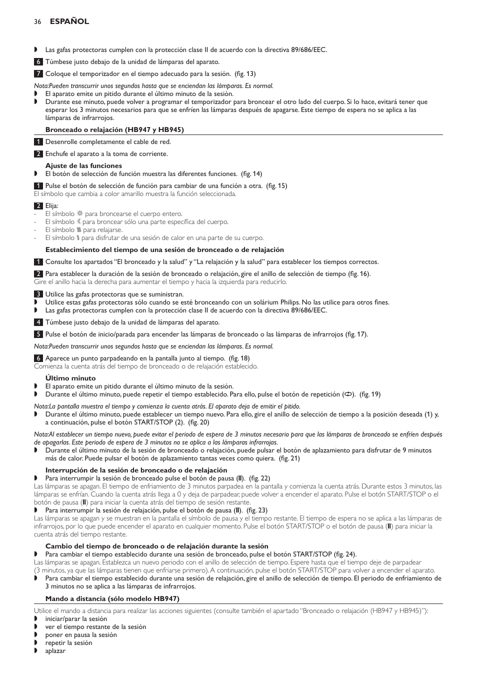 Bronceado o relajación (hb947 y hb945), Ajuste de las funciones, Último minuto | Mando a distancia (sólo modelo hb947) | Philips Innergize Wellness-Solarium User Manual | Page 36 / 92