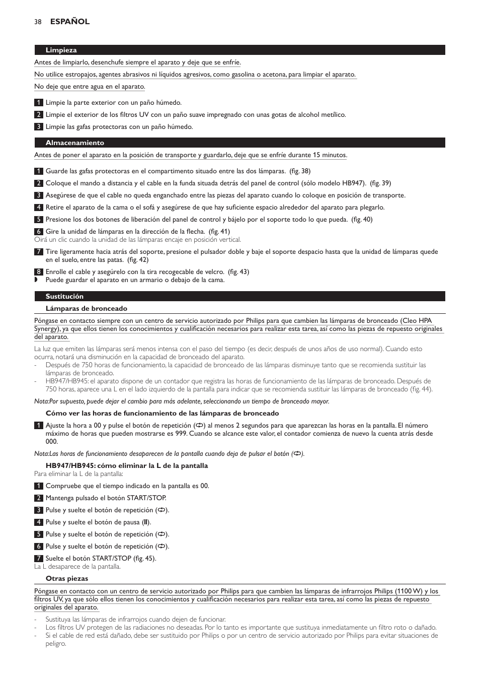 Almacenamiento, Sustitución, Lámparas de bronceado | Hb947/hb945: cómo eliminar la l de la pantalla, Otras piezas, Pedido de gránulos de fragancias | Philips Innergize Wellness-Solarium User Manual | Page 38 / 92