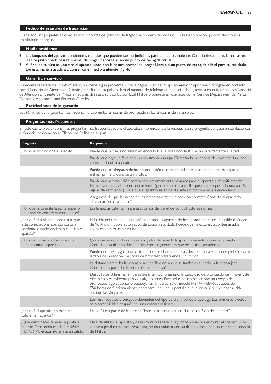 Medio ambiente, Garantía y servicio, Restricciones de la garantía | Preguntas más frecuentes | Philips Innergize Wellness-Solarium User Manual | Page 39 / 92