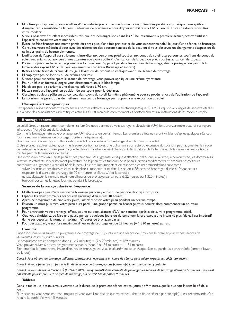 Champs électromagnétiques, Bronzage et santé, Séances de bronzage : durée et fréquence | Exemple, Tableau | Philips Innergize Wellness-Solarium User Manual | Page 41 / 92