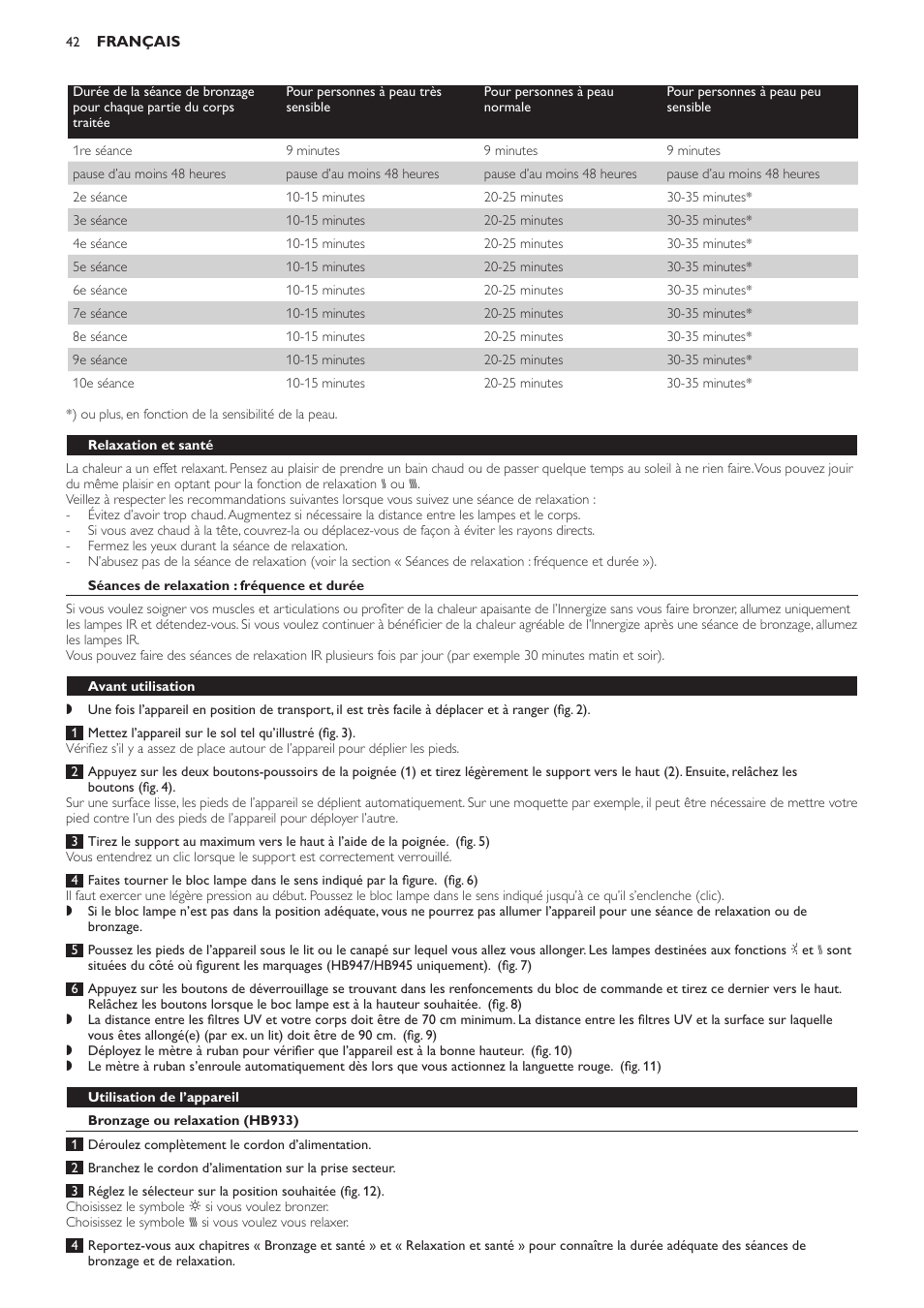 Relaxation et santé, Séances de relaxation : fréquence et durée, Avant utilisation | Utilisation de l’appareil, Bronzage ou relaxation (hb933) | Philips Innergize Wellness-Solarium User Manual | Page 42 / 92