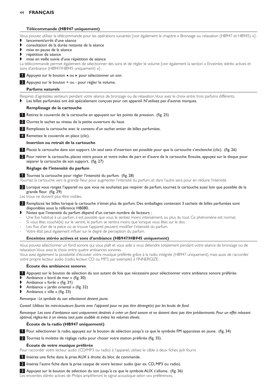 Parfums naturels, Remplissage de la cartouche, Insertion ou retrait de la cartouche | Réglage de l’intensité du parfum, Écoute des ambiances sonores, Écoute de la radio (hb947 uniquement), Écoute de votre musique préférée, Réglage du volume | Philips Innergize Wellness-Solarium User Manual | Page 44 / 92