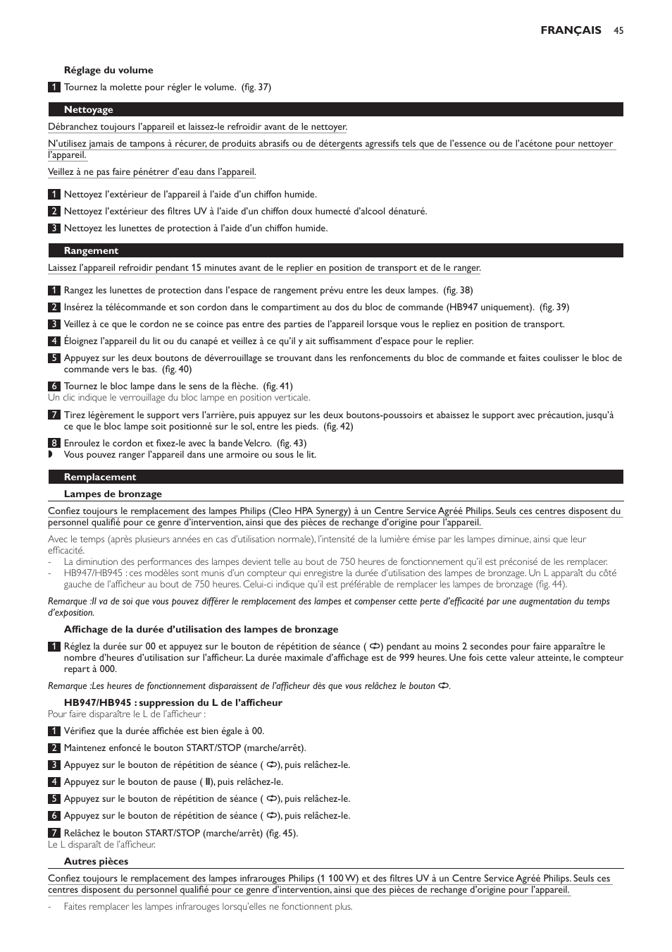 Nettoyage, Rangement, Remplacement | Lampes de bronzage, Hb947/hb945 : suppression du l de l’afficheur, Autres pièces | Philips Innergize Wellness-Solarium User Manual | Page 45 / 92