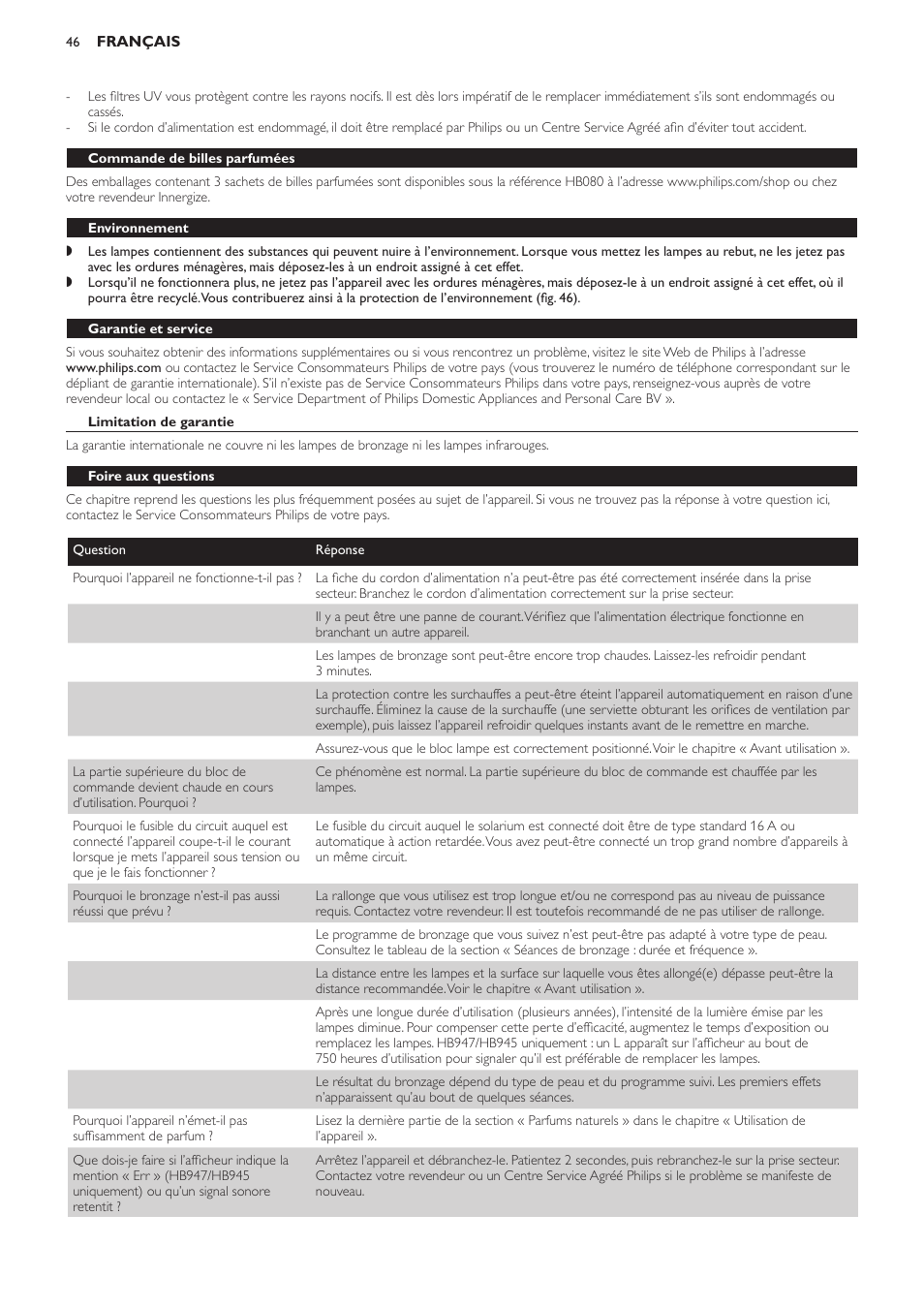 Commande de billes parfumées, Environnement, Garantie et service | Limitation de garantie, Foire aux questions | Philips Innergize Wellness-Solarium User Manual | Page 46 / 92