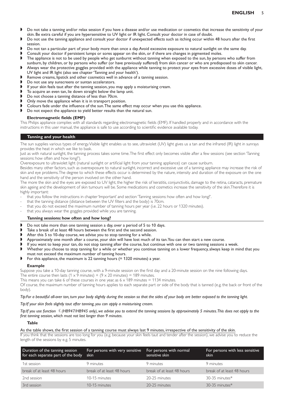 Electromagnetic fields (emf), Tanning and your health, Tanning sessions: how often and how long | Example, Table | Philips Innergize Wellness-Solarium User Manual | Page 5 / 92