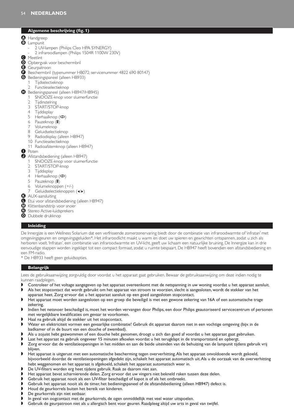 Nederlands, Algemene beschrijving (fig. 1), Inleiding | Belangrijk | Philips Innergize Wellness-Solarium User Manual | Page 54 / 92