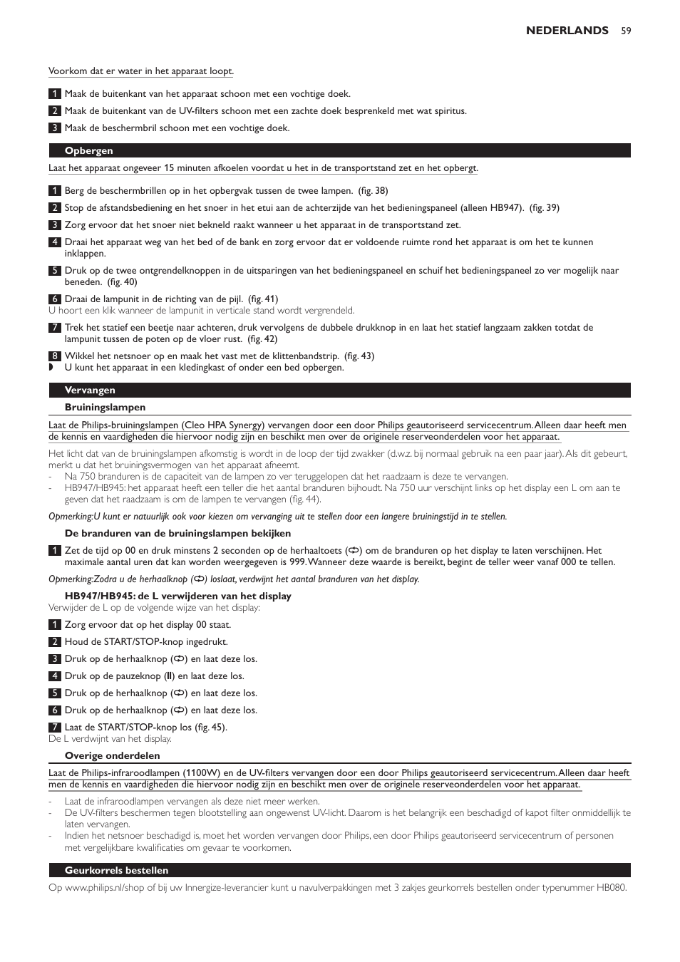 Opbergen, Vervangen, Bruiningslampen | De branduren van de bruiningslampen bekijken, Hb947/hb945: de l verwijderen van het display, Overige onderdelen, Geurkorrels bestellen | Philips Innergize Wellness-Solarium User Manual | Page 59 / 92