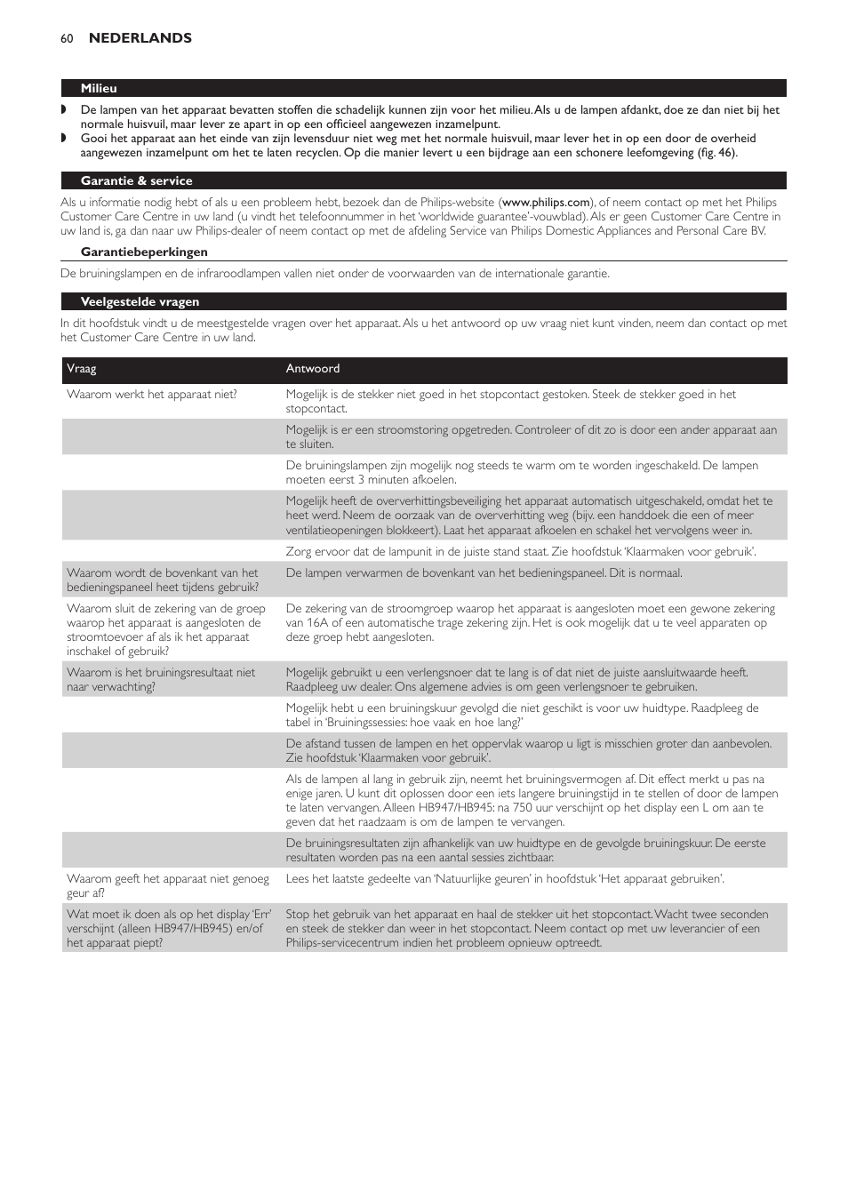 Milieu, Garantie & service, Garantiebeperkingen | Veelgestelde vragen | Philips Innergize Wellness-Solarium User Manual | Page 60 / 92