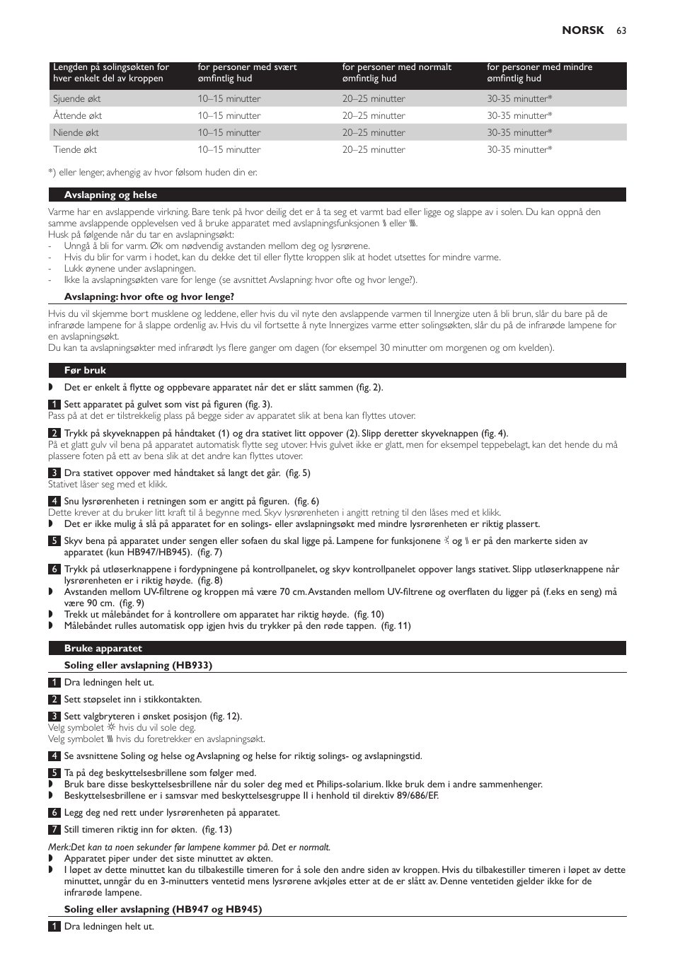 Avslapning og helse, Avslapning: hvor ofte og hvor lenge, Før bruk | Bruke apparatet, Soling eller avslapning (hb933), Soling eller avslapning (hb947 og hb945) | Philips Innergize Wellness-Solarium User Manual | Page 63 / 92