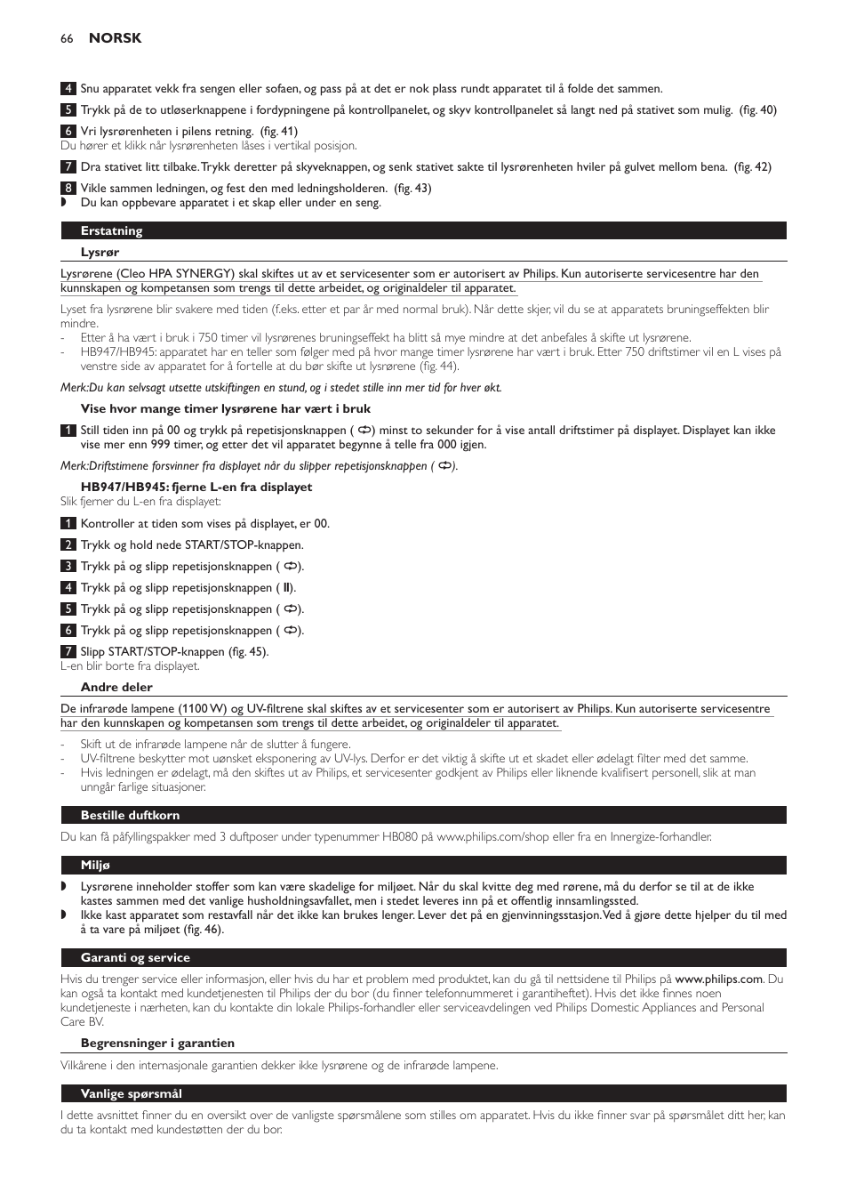 Erstatning, Lysrør, Vise hvor mange timer lysrørene har vært i bruk | Hb947/hb945: fjerne l-en fra displayet, Andre deler, Bestille duftkorn, Miljø, Garanti og service, Begrensninger i garantien, Vanlige spørsmål | Philips Innergize Wellness-Solarium User Manual | Page 66 / 92