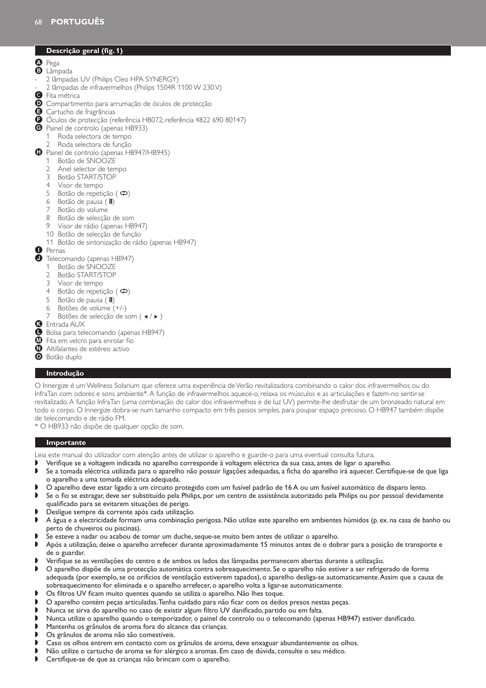 Português, Descrição geral (fig. 1), Introdução | Importante | Philips Innergize Wellness-Solarium User Manual | Page 68 / 92