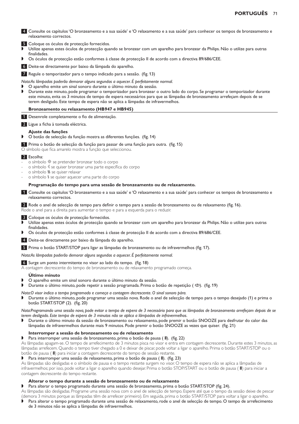 Bronzeamento ou relaxamento (hb947 e hb945), Ajuste das funções, Último minuto | Philips Innergize Wellness-Solarium User Manual | Page 71 / 92