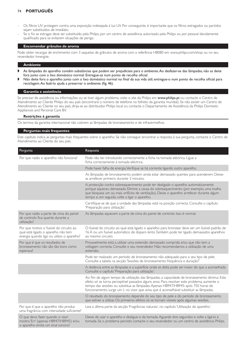 Encomendar grânulos de aroma, Ambiente, Garantia e assistência | Restrições à garantia, Perguntas mais frequentes | Philips Innergize Wellness-Solarium User Manual | Page 74 / 92