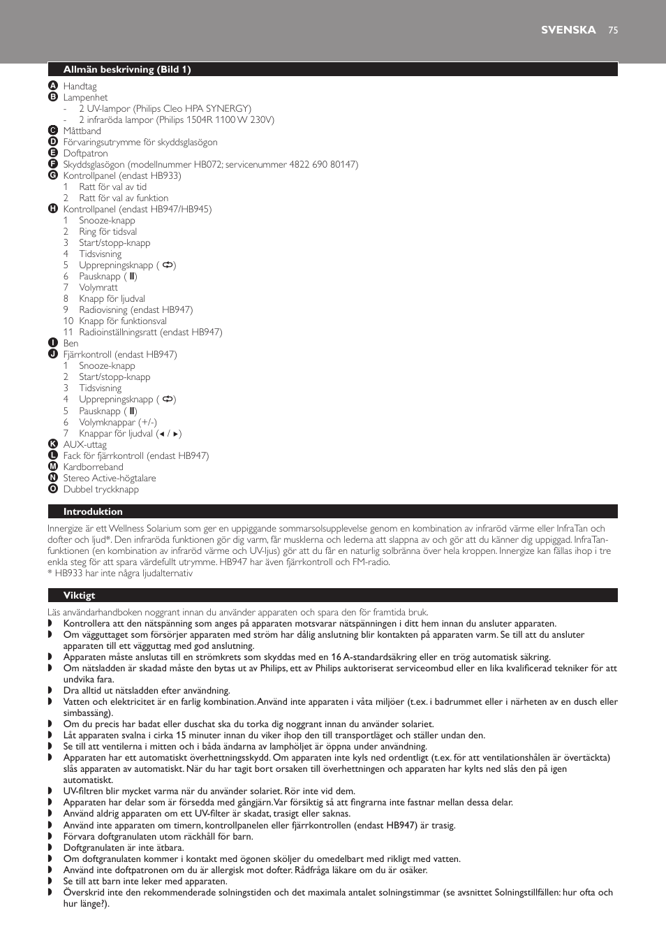 Svenska, Allmän beskrivning (bild 1), Introduktion | Viktigt | Philips Innergize Wellness-Solarium User Manual | Page 75 / 92