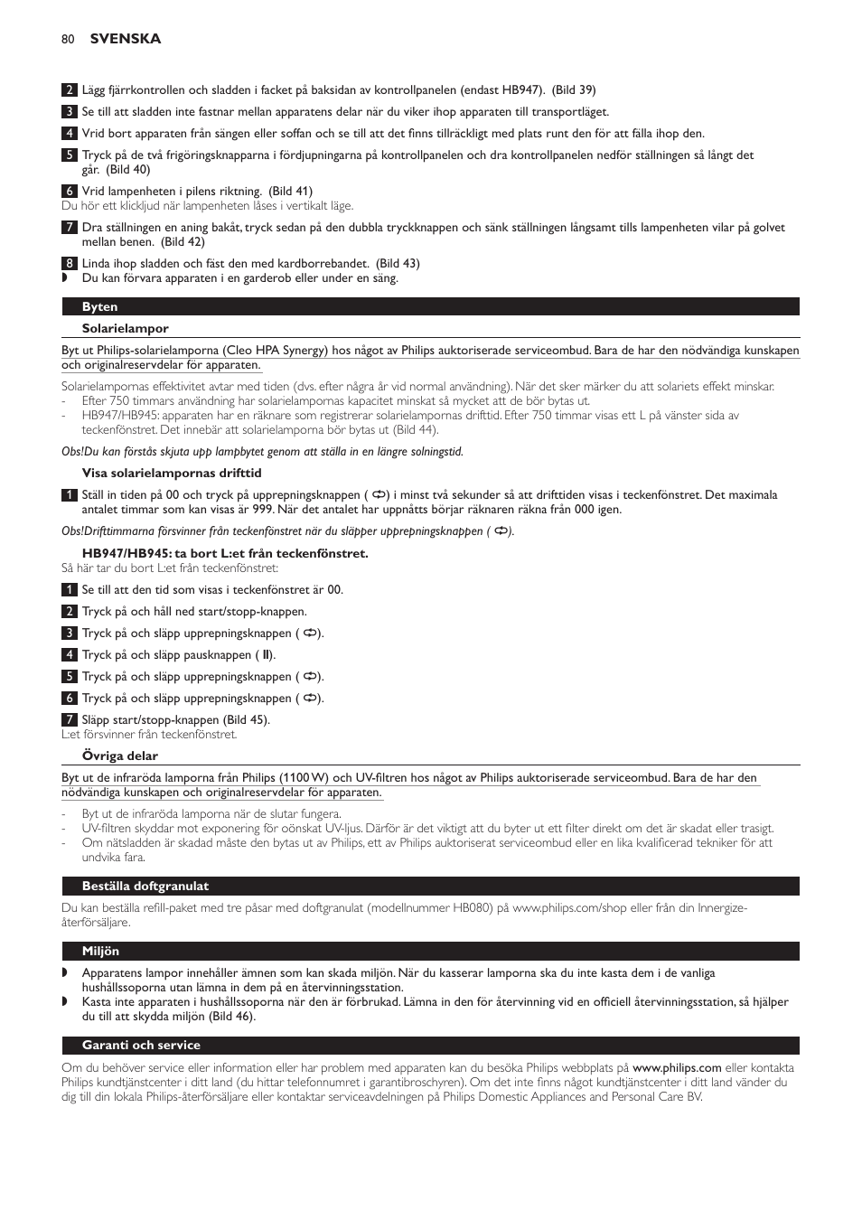 Byten, Solarielampor, Visa solarielampornas drifttid | Hb947/hb945: ta bort l:et från teckenfönstret, Övriga delar, Beställa doftgranulat, Miljön, Garanti och service, Garantibegränsningar, Vanliga frågor | Philips Innergize Wellness-Solarium User Manual | Page 80 / 92