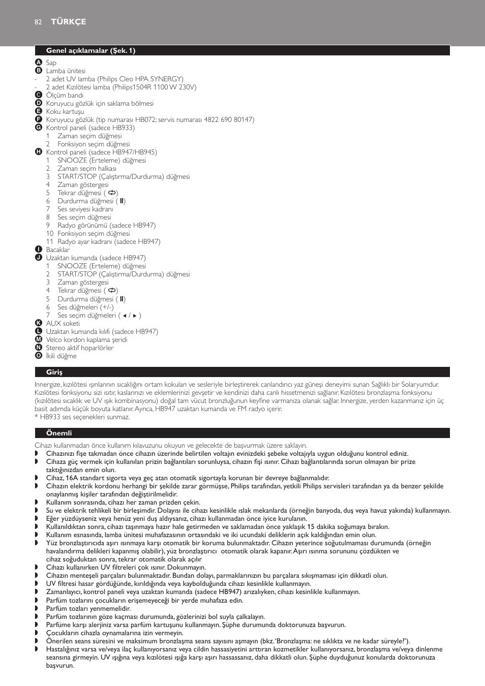 Türkçe, Genel açıklamalar (şek. 1), Giriş | Önemli | Philips Innergize Wellness-Solarium User Manual | Page 82 / 92