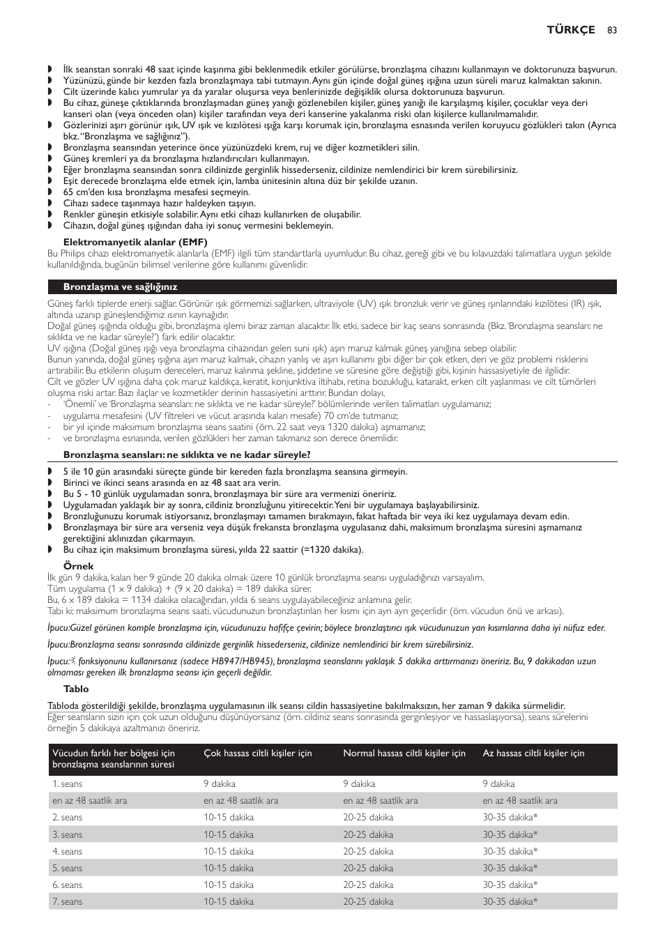 Elektromanyetik alanlar (emf), Bronzlaşma ve sağlığınız, Örnek | Tablo | Philips Innergize Wellness-Solarium User Manual | Page 83 / 92