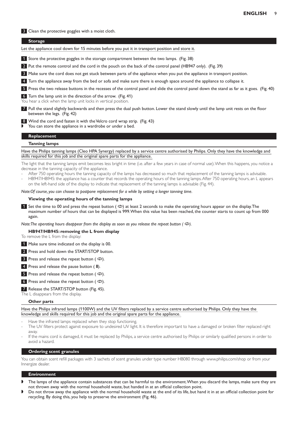 Storage, Replacement, Tanning lamps | Viewing the operating hours of the tanning lamps, Hb947/hb945: removing the l from display, Other parts, Ordering scent granules, Environment | Philips Innergize Wellness-Solarium User Manual | Page 9 / 92