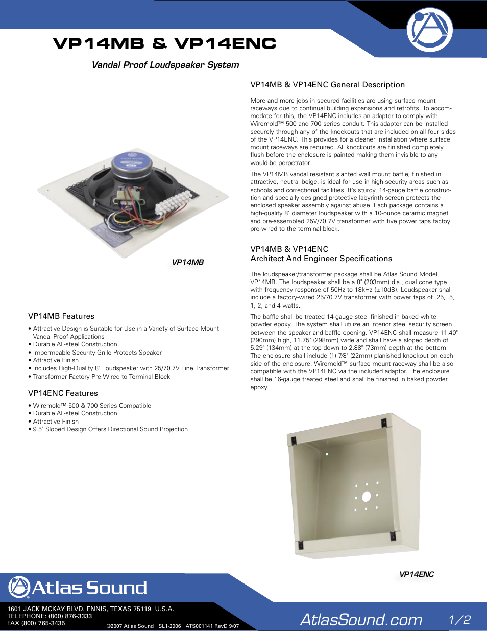 Atlas Sound VP14MB User Manual | 2 pages
