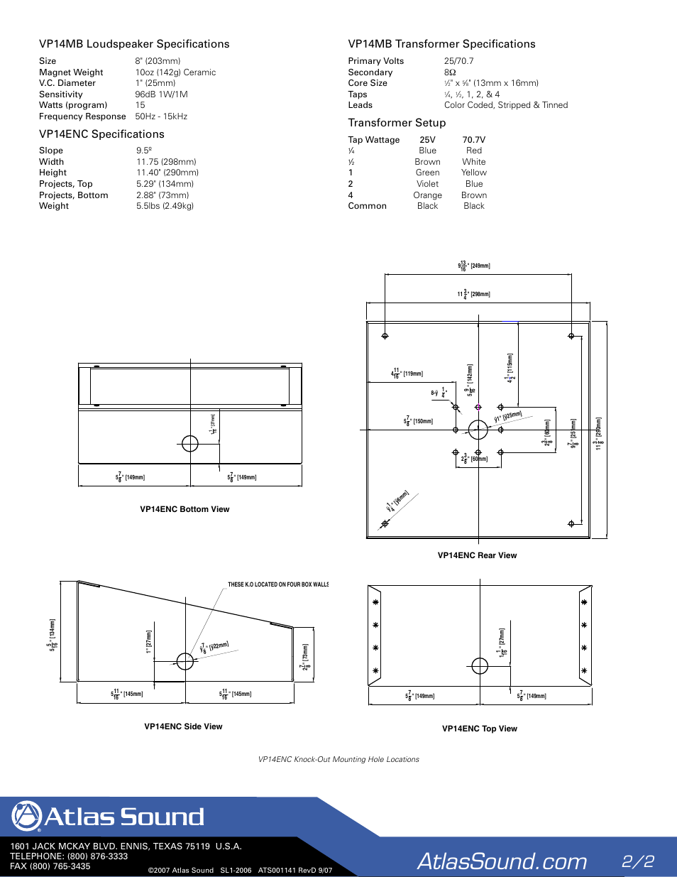 Vp14mb loudspeaker speciﬁcations, Vp14enc speciﬁcations, Vp14mb transformer speciﬁcations | Transformer setup | Atlas Sound VP14MB User Manual | Page 2 / 2
