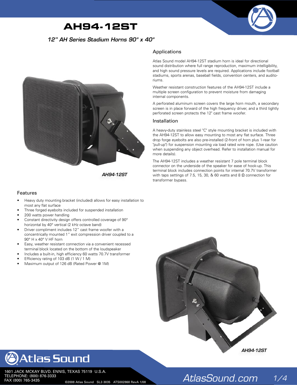 Atlas Sound AH94-12ST User Manual | 4 pages