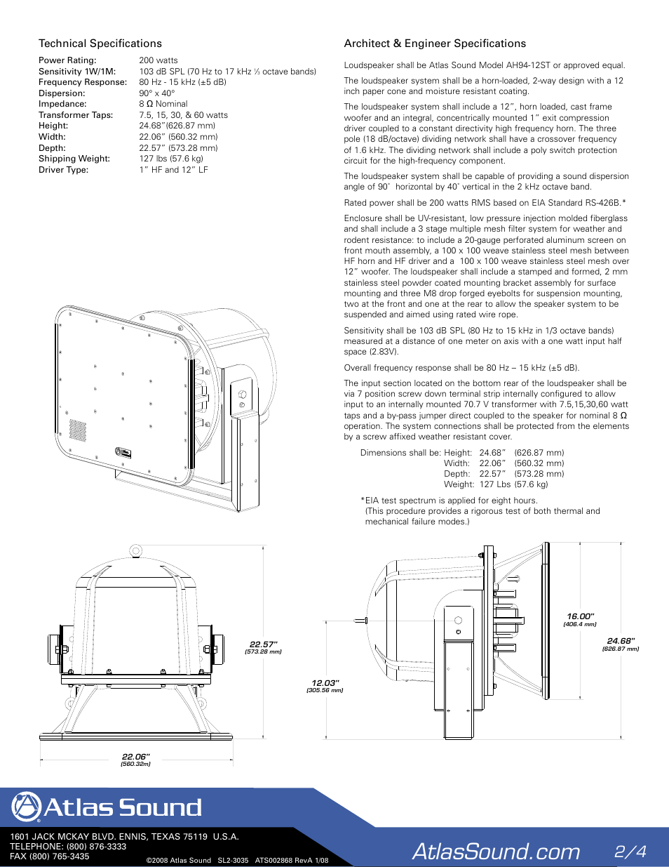 Technical speciﬁcations, Architect & engineer speciﬁcations | Atlas Sound AH94-12ST User Manual | Page 2 / 4