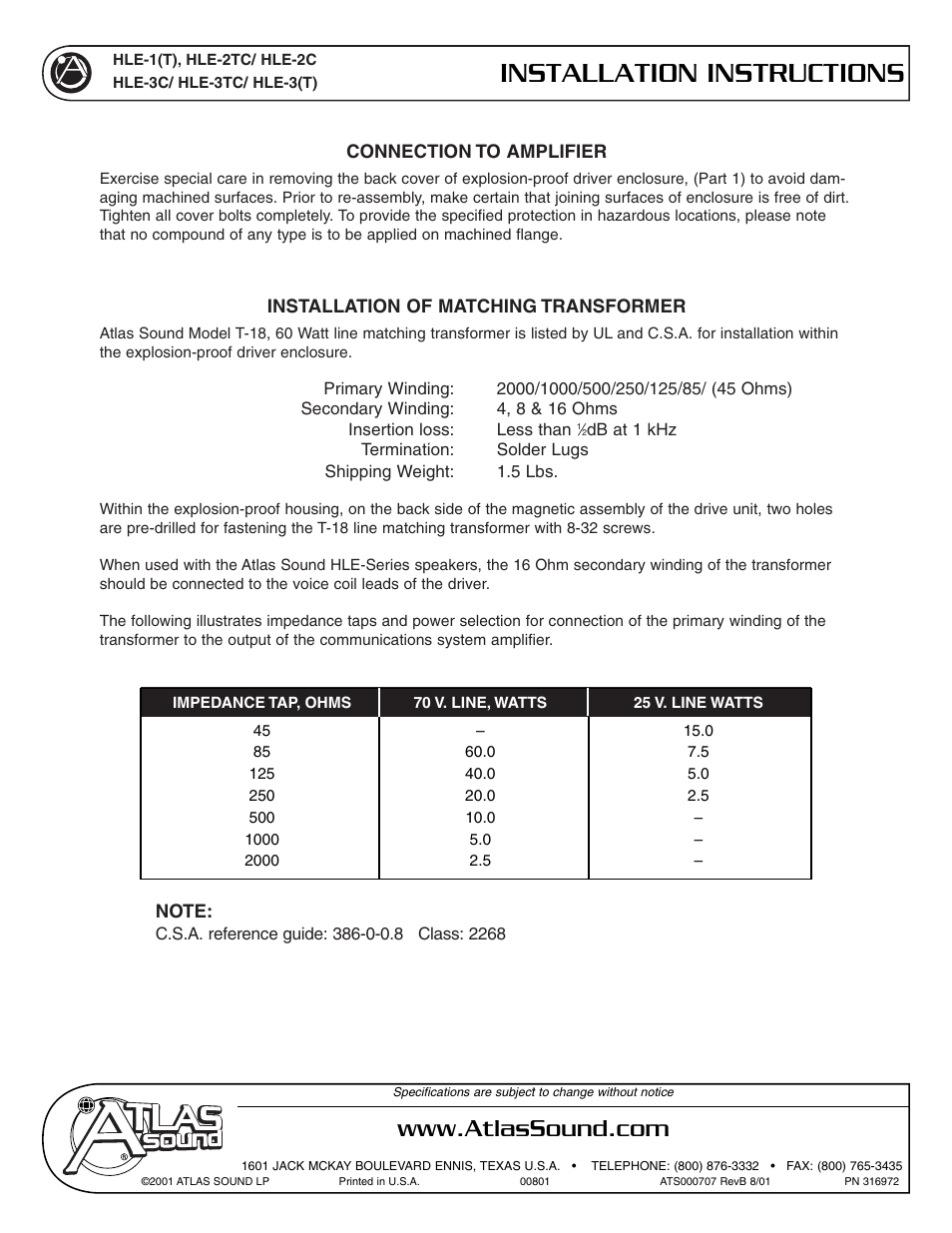 Atlas Sound HLE-3TC User Manual | 1 page