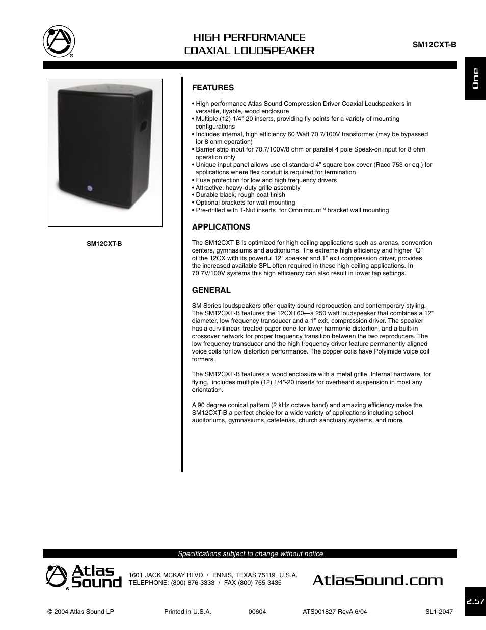Atlas Sound SM12CXT-B User Manual | 3 pages