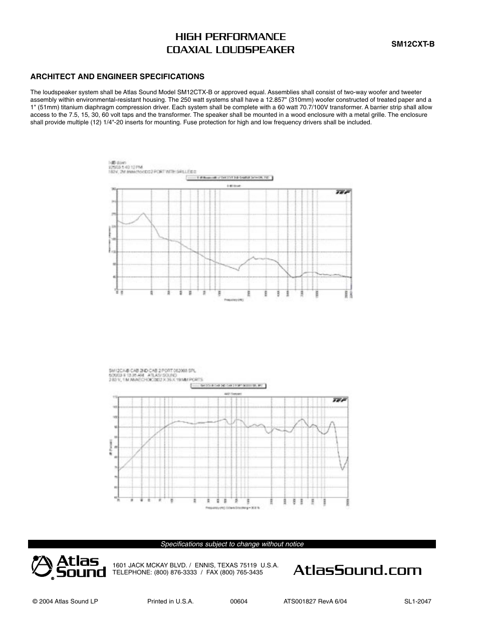 High performance coaxial loudspeaker | Atlas Sound SM12CXT-B User Manual | Page 2 / 3