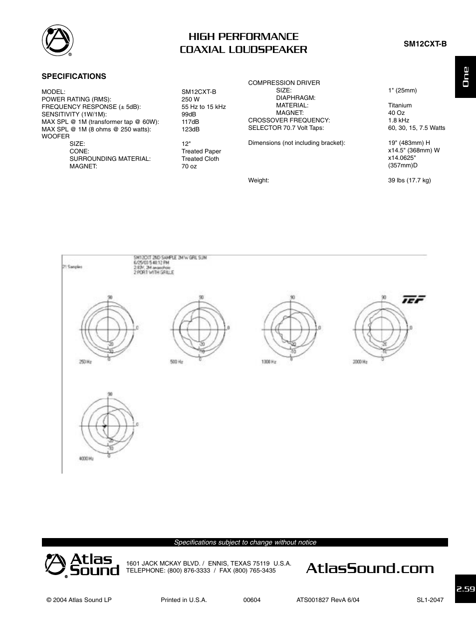 High performance coaxial loudspeaker | Atlas Sound SM12CXT-B User Manual | Page 3 / 3