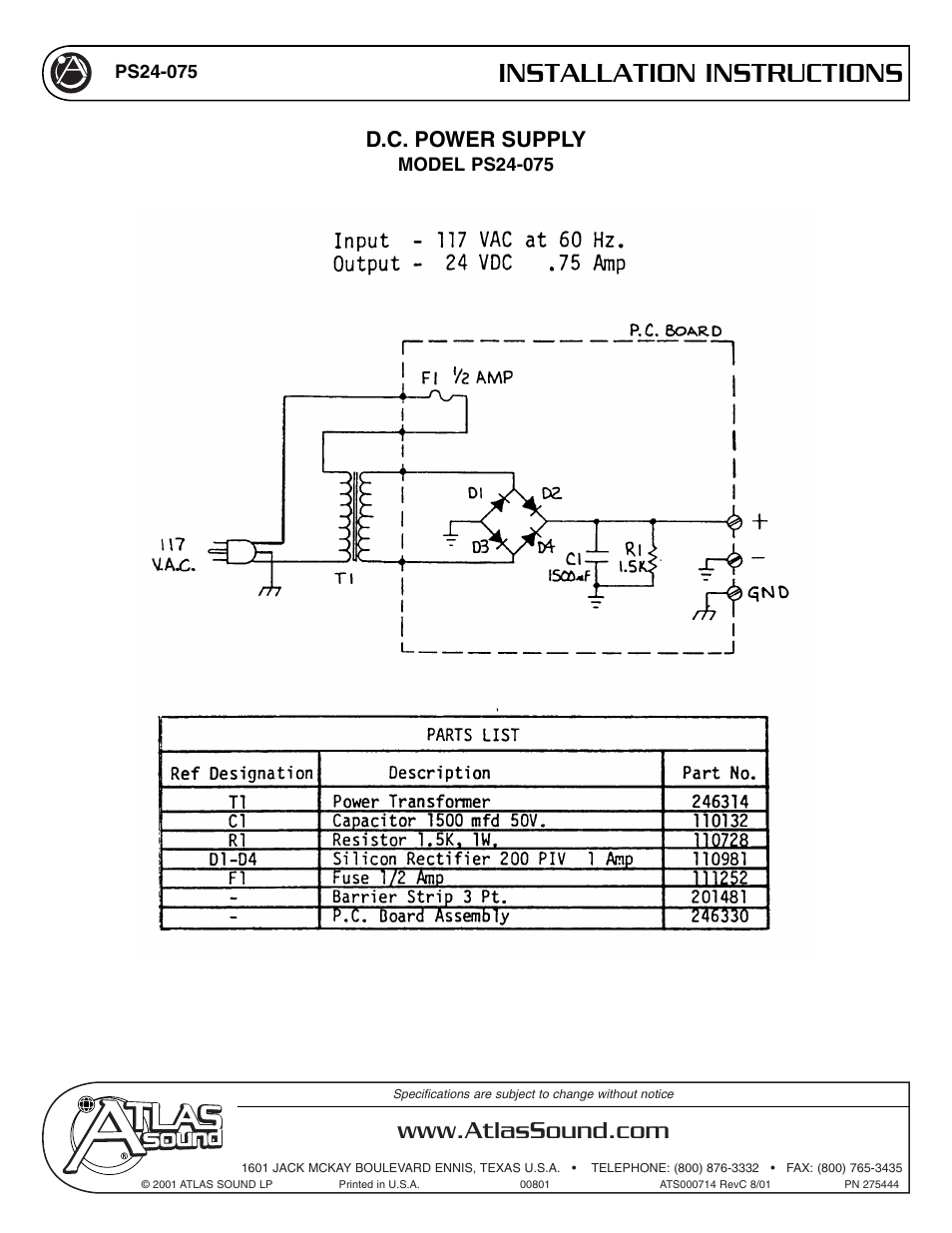 Atlas Sound PS24-075 User Manual | 1 page