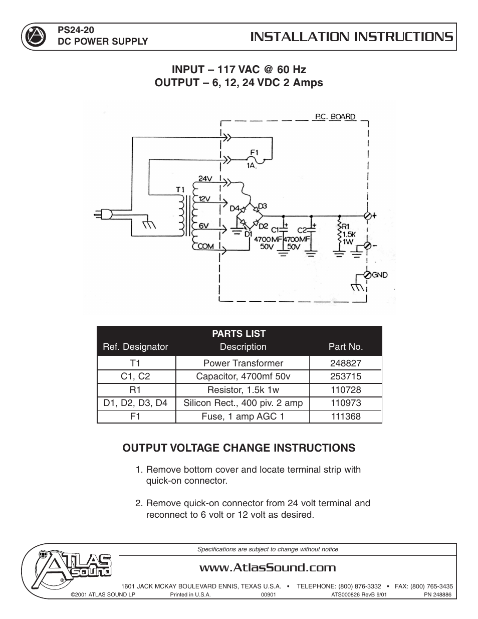 Atlas Sound INSTILLATION INSTRUCTION PS24-20 User Manual | 1 page